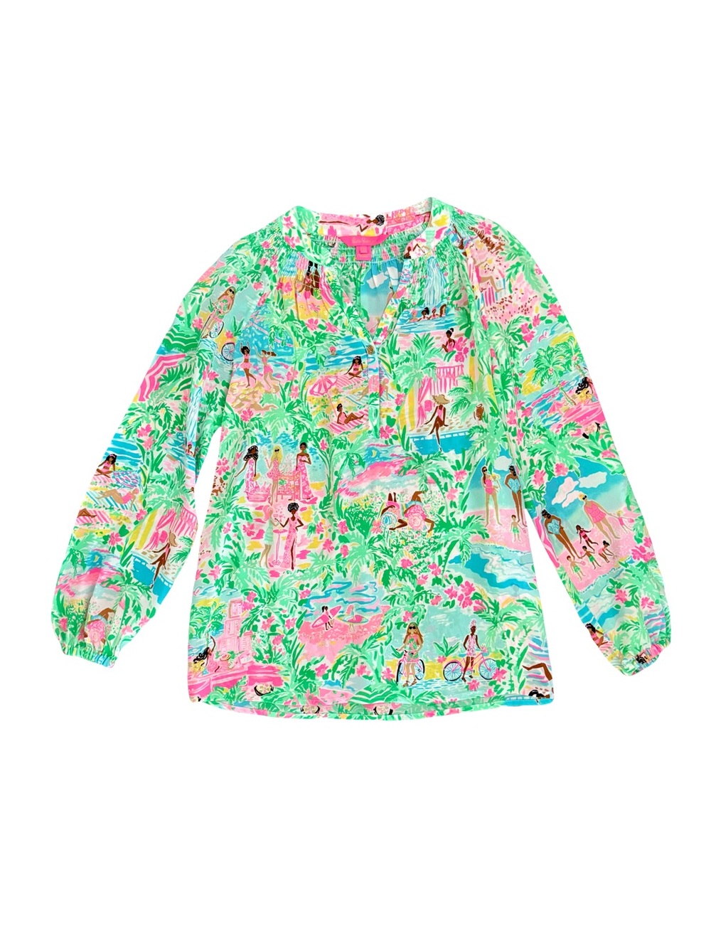 NWOT LILY PULITZER TROPICAL PRINT SILK LONG-SLEEVE BLOUSE // SIZE XXS🩵